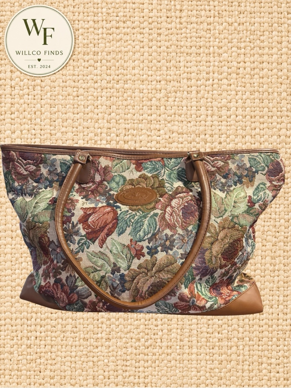 Generation Sport Floral Tapestry Tote Bag Brown Trim Vintage Style Shoulder Bag